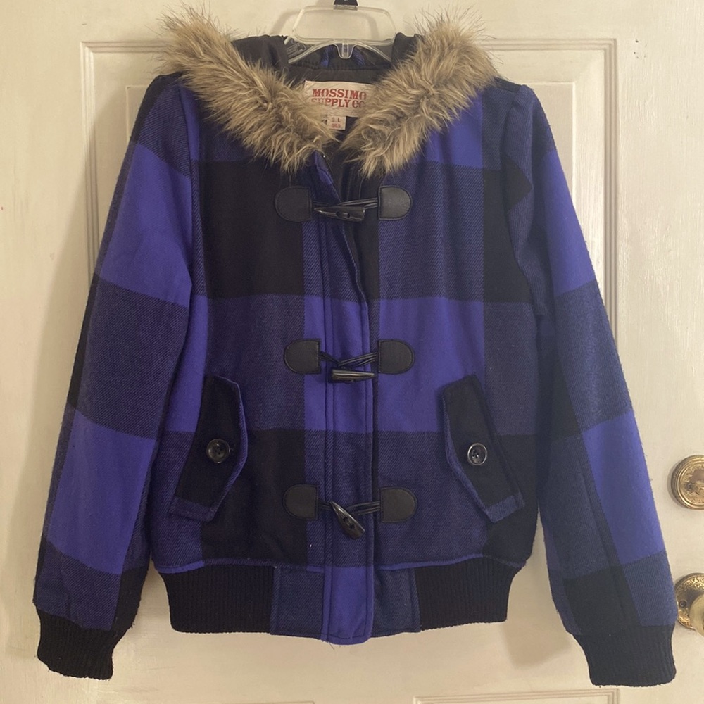 Mossimo Supply Co. Purple & black Plaid Hooded Fur Coat